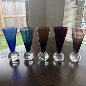 Vintage Set 5 Cordial Shot Glass Bubble Ball Base Colored Glasses Barware 4.5"